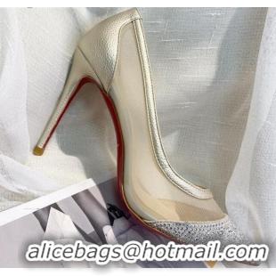 Most Popular Christian Louboutin Grained Leather Crystal Mesh Pumps 10cm 030845