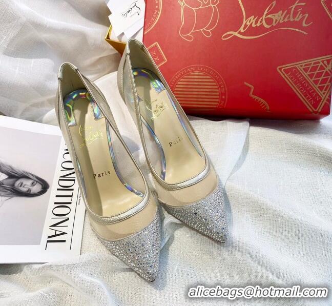 Most Popular Christian Louboutin Grained Leather Crystal Mesh Pumps 10cm 030845