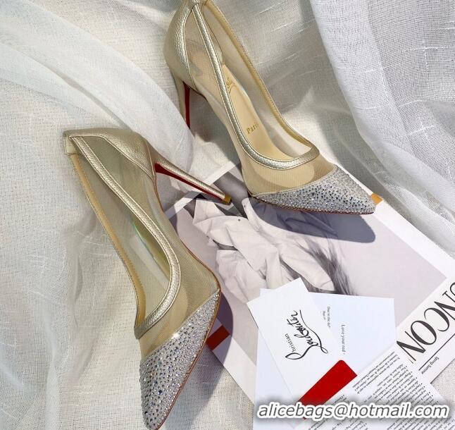 Most Popular Christian Louboutin Grained Leather Crystal Mesh Pumps 10cm 030845