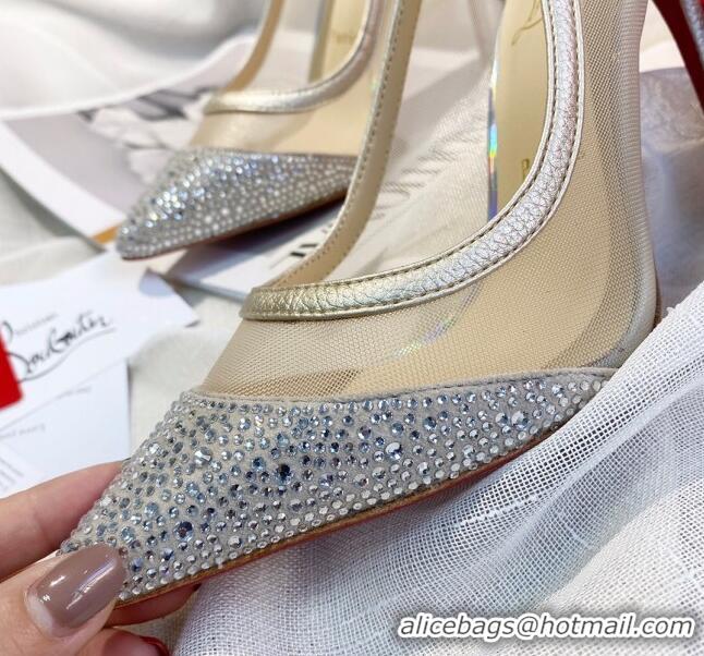 Most Popular Christian Louboutin Grained Leather Crystal Mesh Pumps 10cm 030845