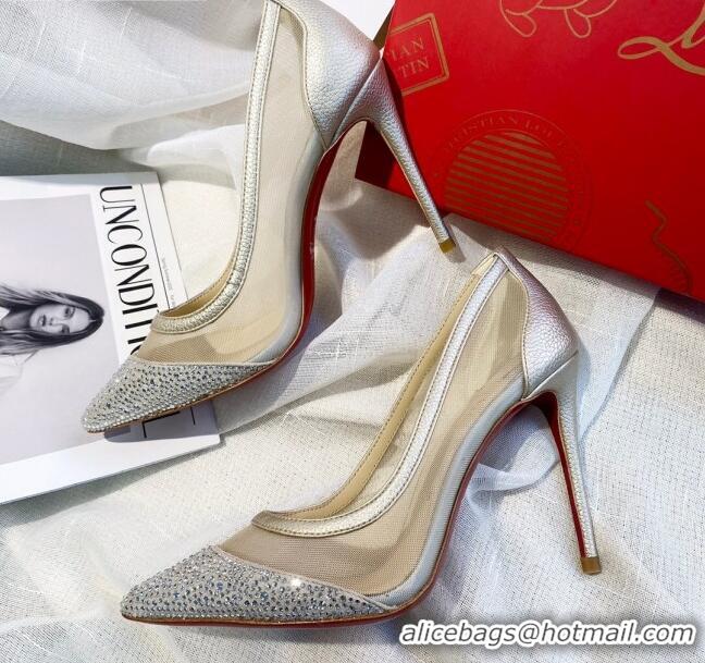 Most Popular Christian Louboutin Grained Leather Crystal Mesh Pumps 10cm 030845