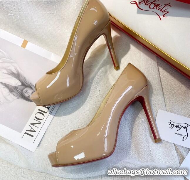 New Style Christian Louboutin Patent Leather Peep-toe Platform Pumps 10cm 030846 Nude