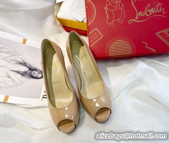 New Style Christian Louboutin Patent Leather Peep-toe Platform Pumps 10cm 030846 Nude