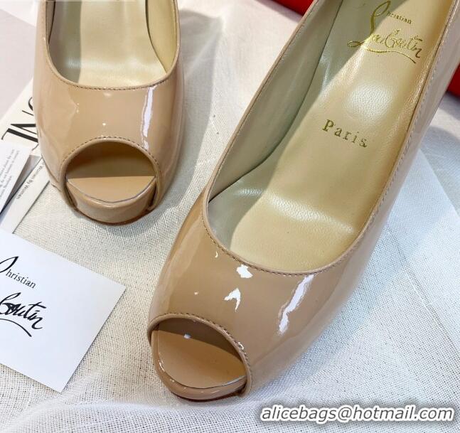 New Style Christian Louboutin Patent Leather Peep-toe Platform Pumps 10cm 030846 Nude