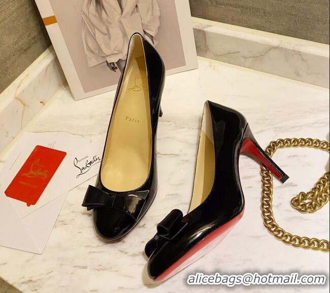 Charming Christian Louboutin Patent Leather Pumps 8cm with Bow 030861 Black