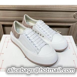 Pretty Style Alexander Mcqueen Deck Cotton Canvas Lace Up Sneakers 010637 White/Khaki