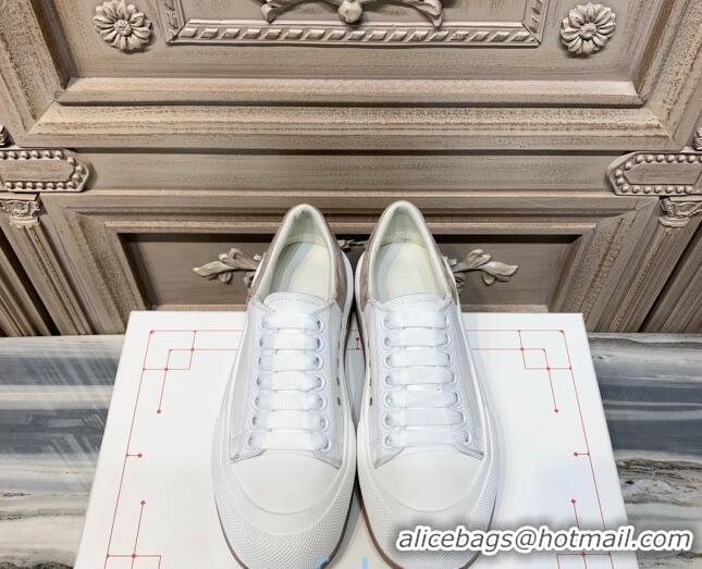 Pretty Style Alexander Mcqueen Deck Cotton Canvas Lace Up Sneakers 010637 White/Khaki