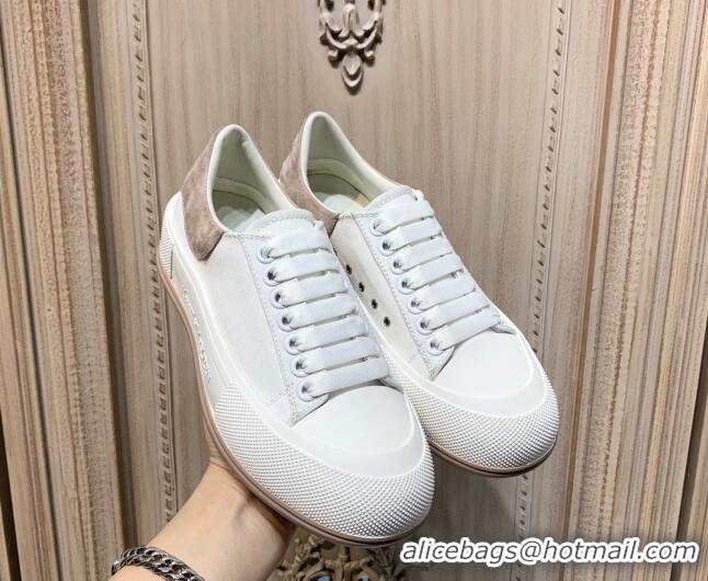 Pretty Style Alexander Mcqueen Deck Cotton Canvas Lace Up Sneakers 010637 White/Khaki