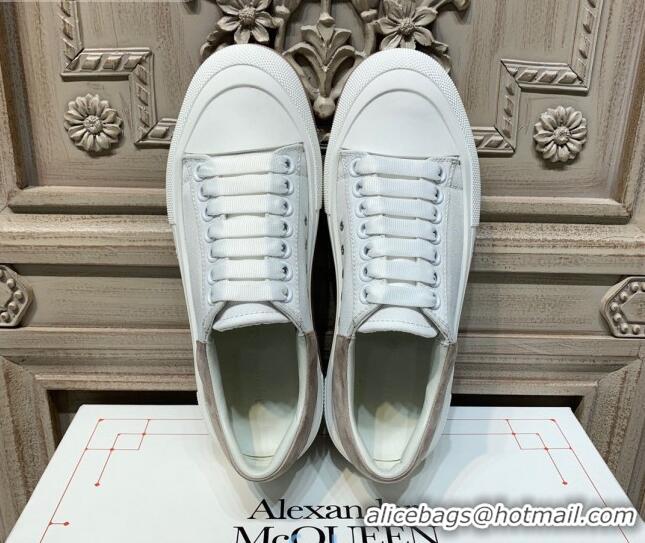 Pretty Style Alexander Mcqueen Deck Cotton Canvas Lace Up Sneakers 010637 White/Khaki