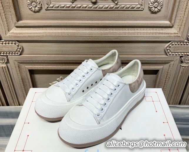 Pretty Style Alexander Mcqueen Deck Cotton Canvas Lace Up Sneakers 010637 White/Khaki