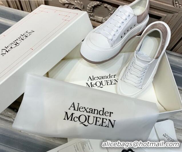 Pretty Style Alexander Mcqueen Deck Cotton Canvas Lace Up Sneakers 010637 White/Khaki