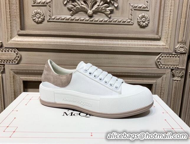 Pretty Style Alexander Mcqueen Deck Cotton Canvas Lace Up Sneakers 010637 White/Khaki