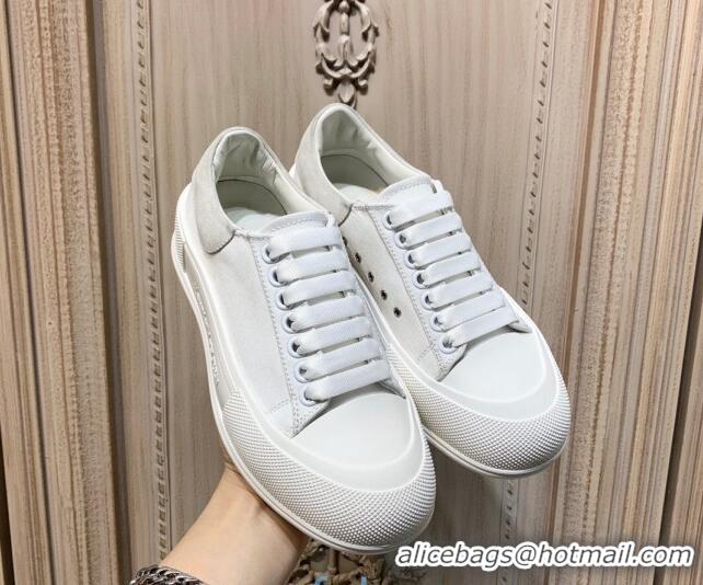 Best Product Alexander Mcqueen Deck Cotton Canvas Lace Up Sneakers 010637 White/Grey