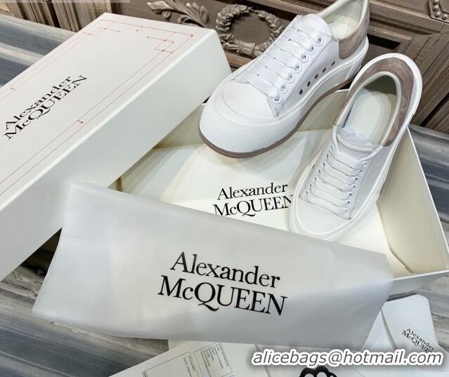 Best Product Alexander Mcqueen Deck Cotton Canvas Lace Up Sneakers 010637 White/Grey