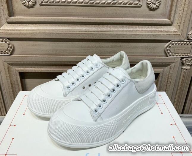 Best Product Alexander Mcqueen Deck Cotton Canvas Lace Up Sneakers 010637 White/Grey