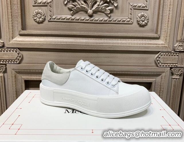 Best Product Alexander Mcqueen Deck Cotton Canvas Lace Up Sneakers 010637 White/Grey