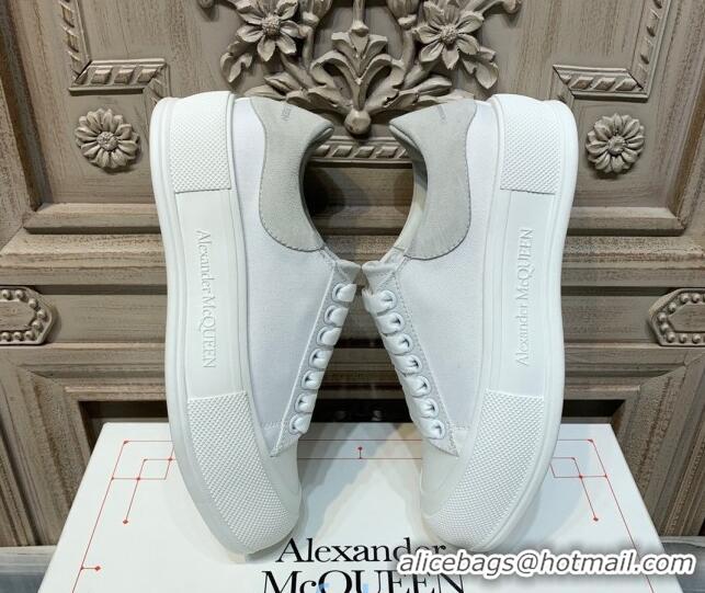 Best Product Alexander Mcqueen Deck Cotton Canvas Lace Up Sneakers 010637 White/Grey