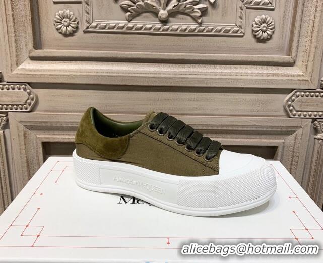 Cheap Price Alexander Mcqueen Deck Cotton Canvas Lace Up Sneakers 010637  Khaki Green