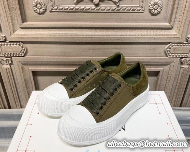 Cheap Price Alexander Mcqueen Deck Cotton Canvas Lace Up Sneakers 010637  Khaki Green