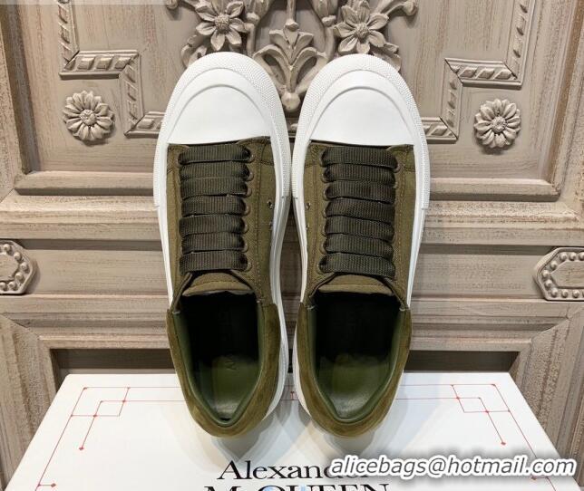 Cheap Price Alexander Mcqueen Deck Cotton Canvas Lace Up Sneakers 010637  Khaki Green