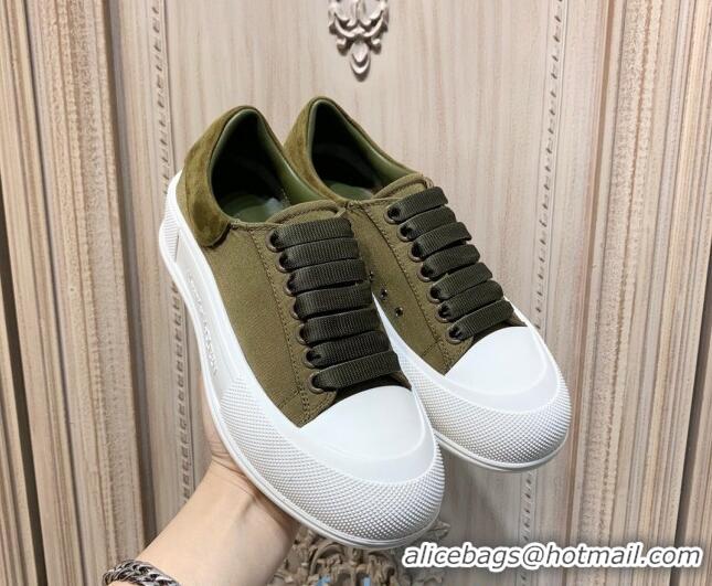 Cheap Price Alexander Mcqueen Deck Cotton Canvas Lace Up Sneakers 010637  Khaki Green