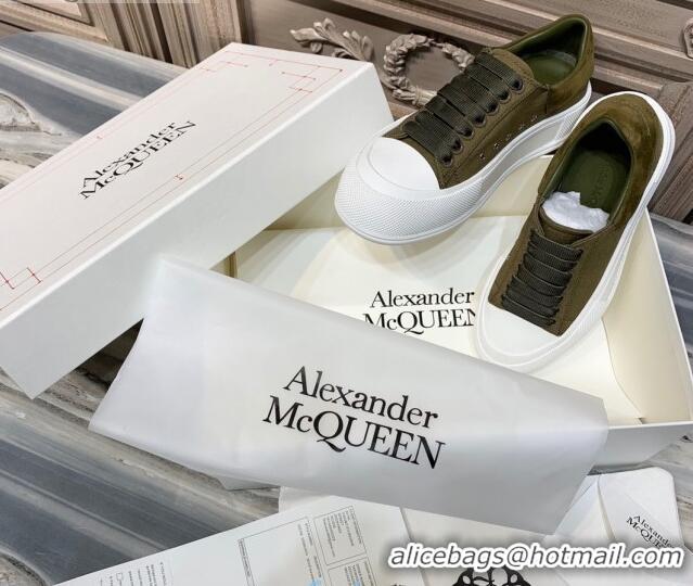 Cheap Price Alexander Mcqueen Deck Cotton Canvas Lace Up Sneakers 010637  Khaki Green