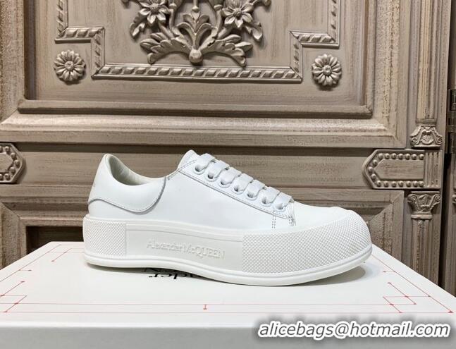 Popular Style Alexander Mcqueen Deck Cotton Canvas Lace Up Sneakers 010637 All White