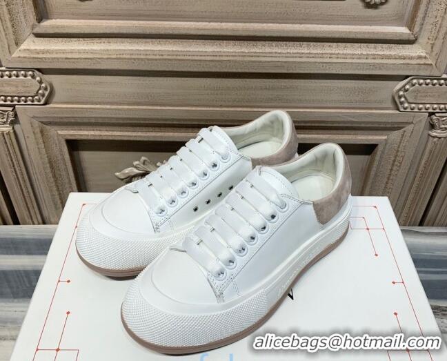 Unique Style Alexander Mcqueen Deck Cotton Canvas Lace Up Sneakers 010637 White/Khaki