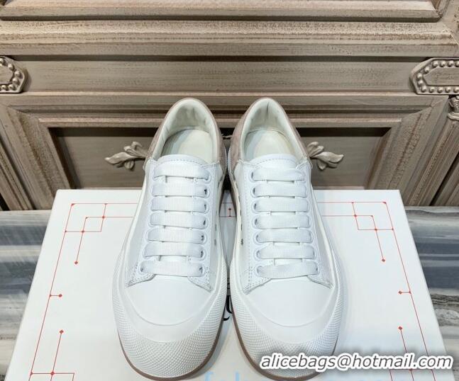 Unique Style Alexander Mcqueen Deck Cotton Canvas Lace Up Sneakers 010637 White/Khaki