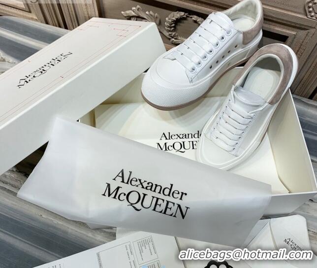 Unique Style Alexander Mcqueen Deck Cotton Canvas Lace Up Sneakers 010637 White/Khaki