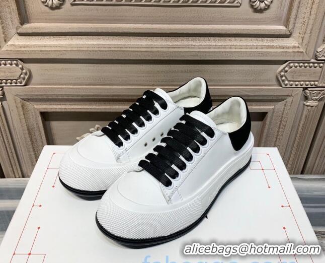 Good Quality Alexander Mcqueen Deck Silky Calfskin Lace Up Sneakers 010647 White/Black