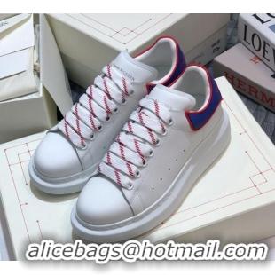 Hot Style Alexander Mcqueen White Silky Calfskin Sneaker with Bi-color Laces Blue 012721