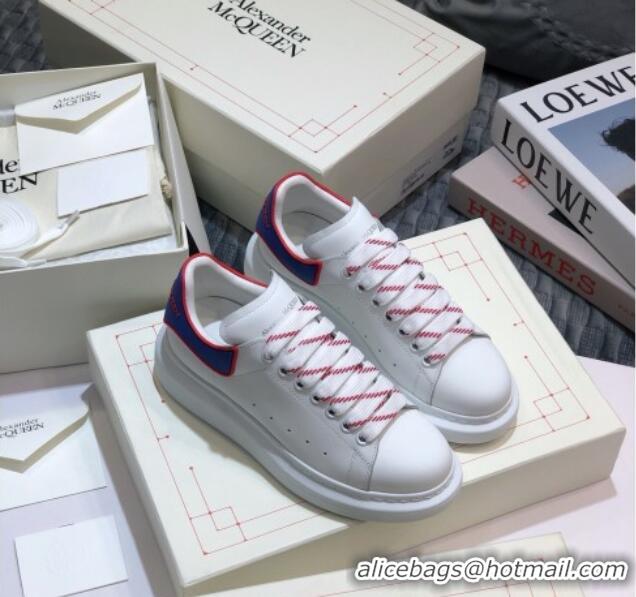 Hot Style Alexander Mcqueen White Silky Calfskin Sneaker with Bi-color Laces Blue 012721