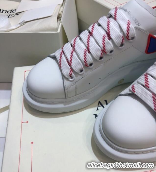 Hot Style Alexander Mcqueen White Silky Calfskin Sneaker with Bi-color Laces Blue 012721