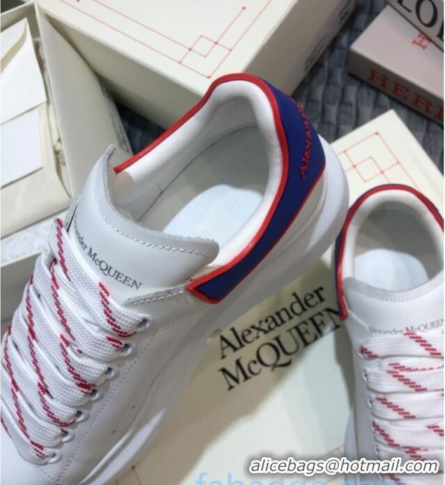 Hot Style Alexander Mcqueen White Silky Calfskin Sneaker with Bi-color Laces Blue 012721