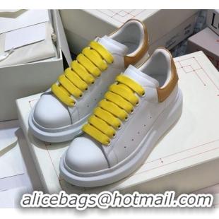 Grade Quality Alexander Mcqueen White Silky Calfskin Sneaker with Bi-color Laces Gold 012722