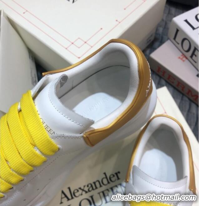 Grade Quality Alexander Mcqueen White Silky Calfskin Sneaker with Bi-color Laces Gold 012722