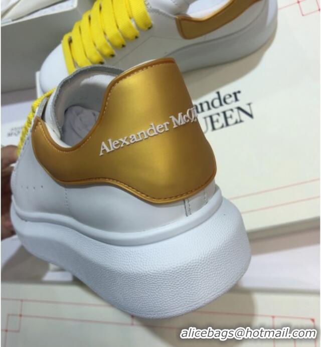 Grade Quality Alexander Mcqueen White Silky Calfskin Sneaker with Bi-color Laces Gold 012722