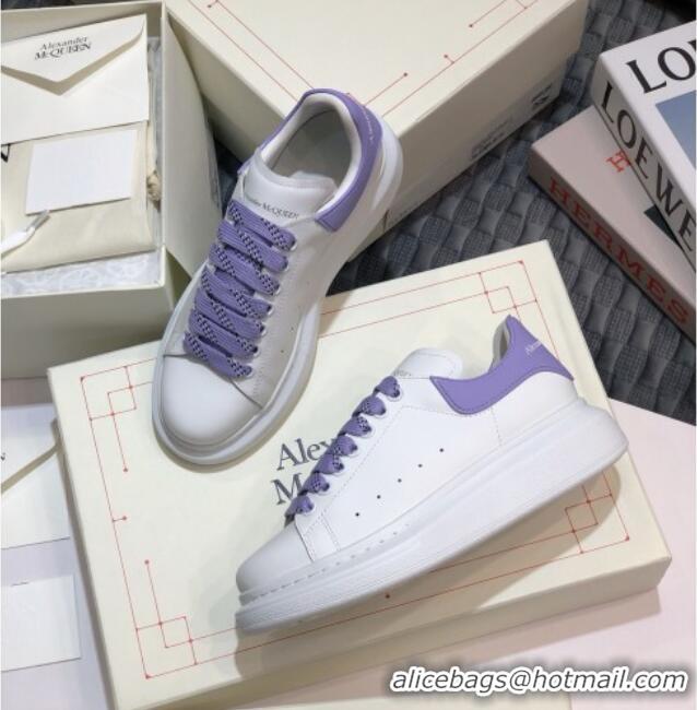 Luxury Alexander Mcqueen White Silky Calfskin Sneaker with Bi-color Laces Purple 012724