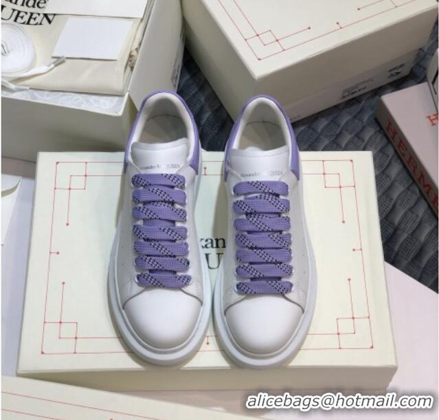 Luxury Alexander Mcqueen White Silky Calfskin Sneaker with Bi-color Laces Purple 012724