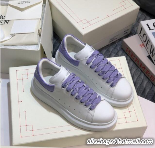 Luxury Alexander Mcqueen White Silky Calfskin Sneaker with Bi-color Laces Purple 012724