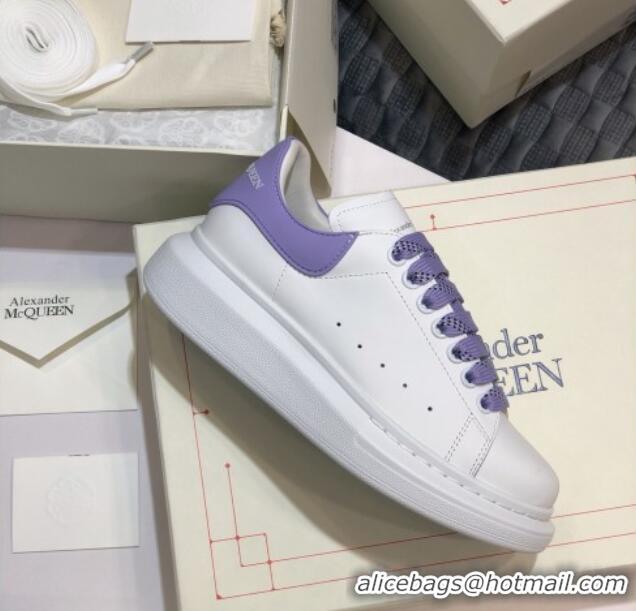 Luxury Alexander Mcqueen White Silky Calfskin Sneaker with Bi-color Laces Purple 012724