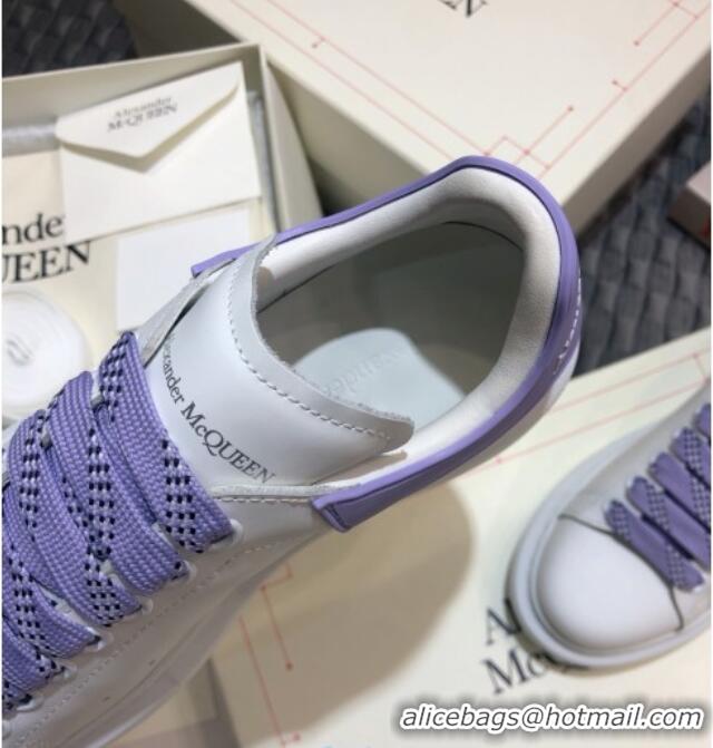 Luxury Alexander Mcqueen White Silky Calfskin Sneaker with Bi-color Laces Purple 012724