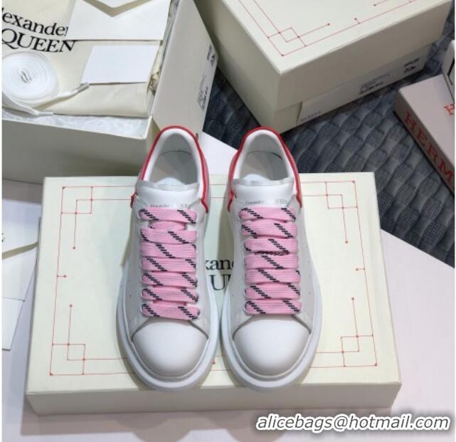 Low Cost Alexander Mcqueen White Silky Calfskin Sneakers with Bi-color Laces Pink 012727