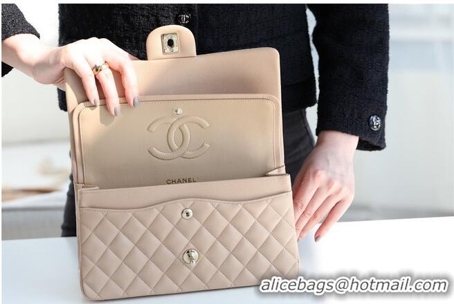 Good Taste Chanel Classic Handbag Grained Calfskin & silver-Tone Metal A1112 Apricot