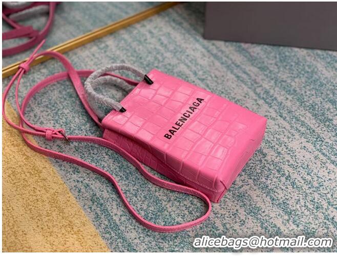 Top Grade Balenciaga Original shiny crocodile embossed leather Mini Shopper Bag B152865 pink