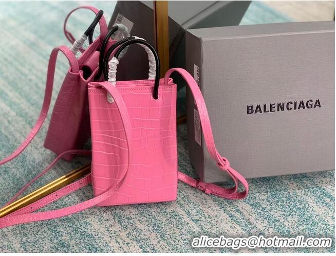 Top Grade Balenciaga Original shiny crocodile embossed leather Mini Shopper Bag B152865 pink