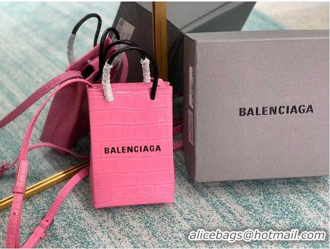 Top Grade Balenciaga Original shiny crocodile embossed leather Mini Shopper Bag B152865 pink