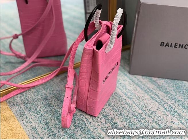 Top Grade Balenciaga Original shiny crocodile embossed leather Mini Shopper Bag B152865 pink