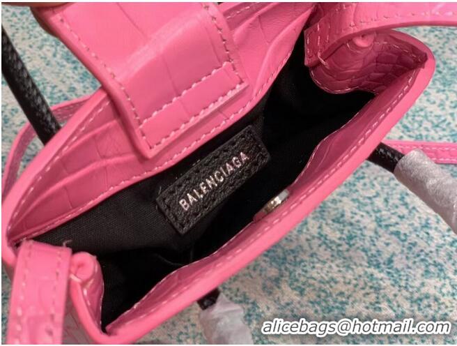 Top Grade Balenciaga Original shiny crocodile embossed leather Mini Shopper Bag B152865 pink